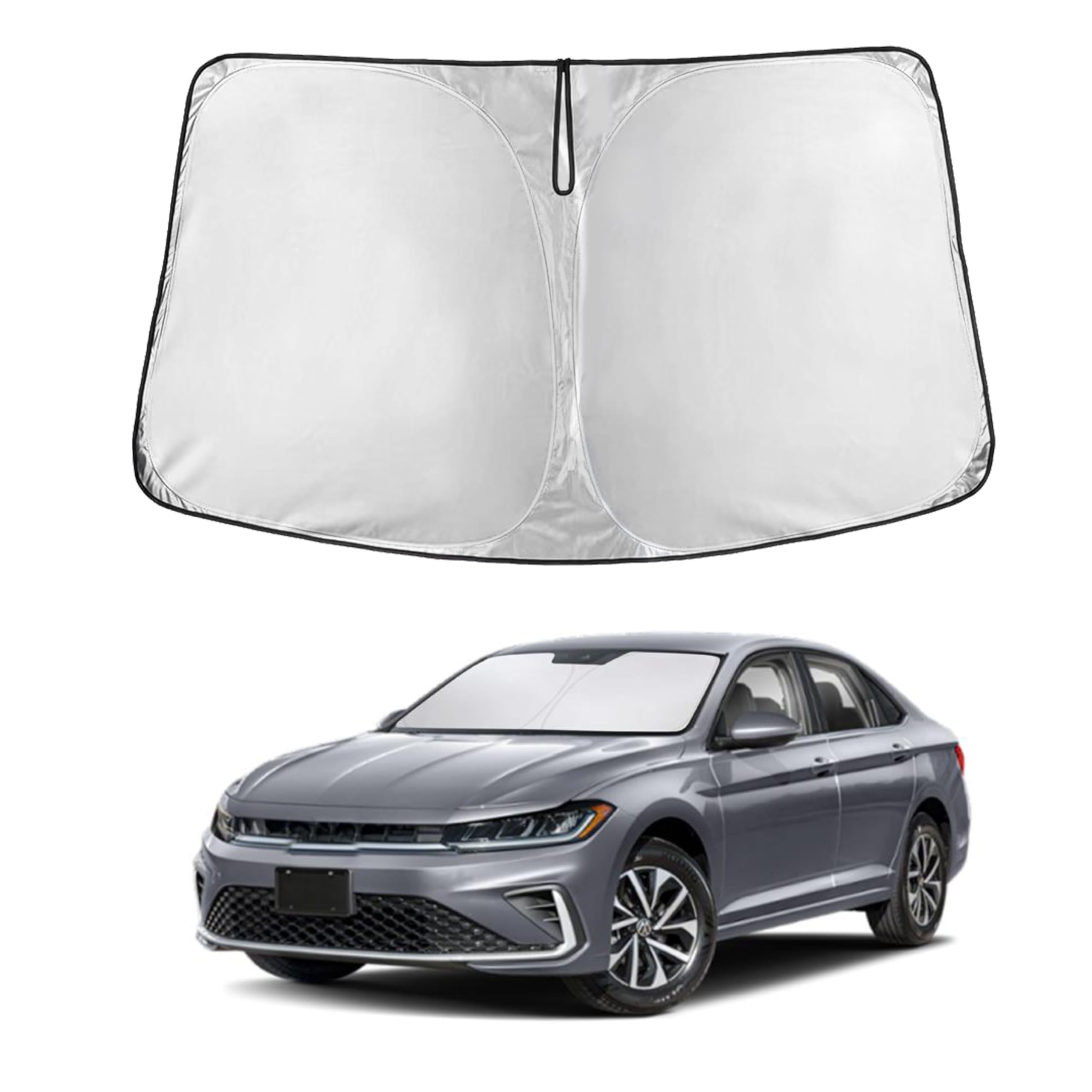 EcoNour windshield sunshade with front-coverage keeps the Jetta cockpit cooler