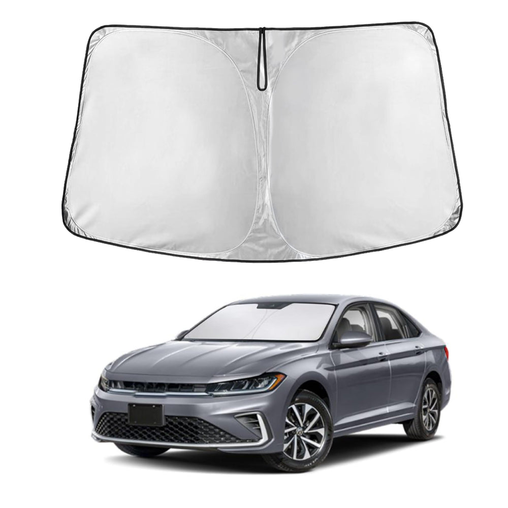 EcoNour windshield sunshade with front-coverage keeps the Jetta cockpit cooler