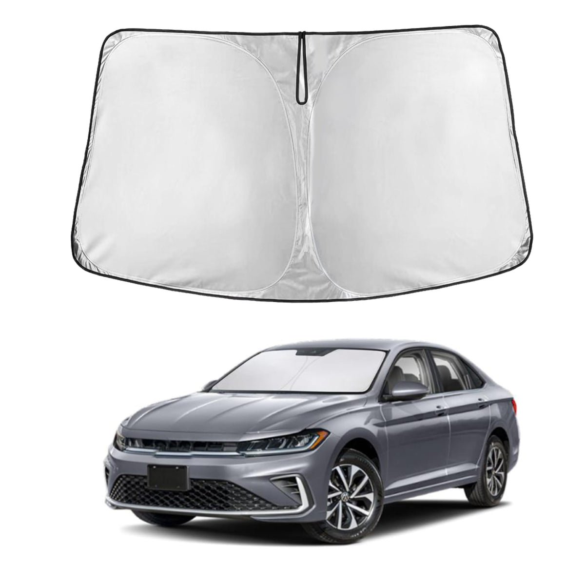 EcoNour windshield sunshade with front-coverage keeps the Jetta cockpit cooler