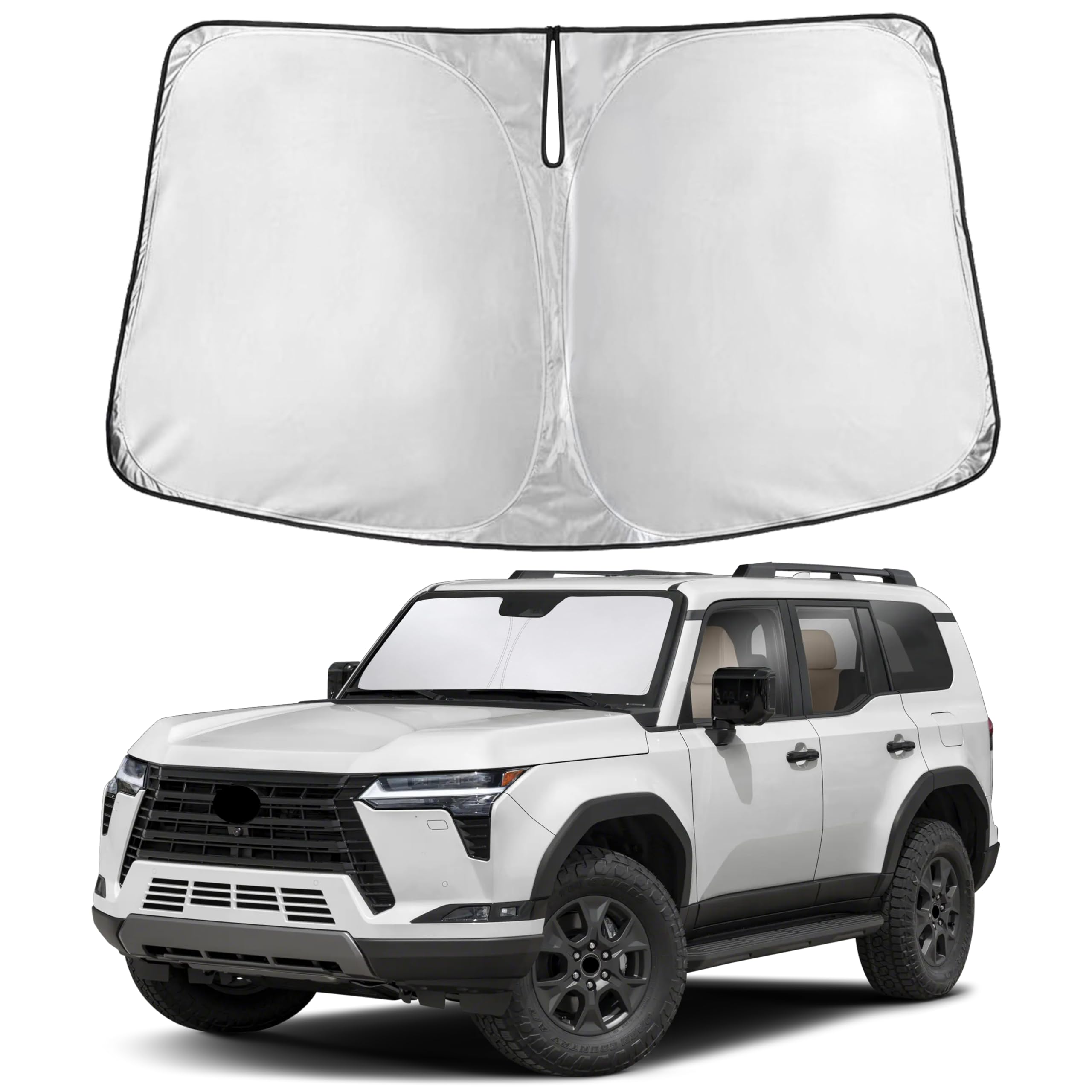 EcoNour windshield sunshade on Lexus GX550 front windshield offering full coverage and glare reduction.