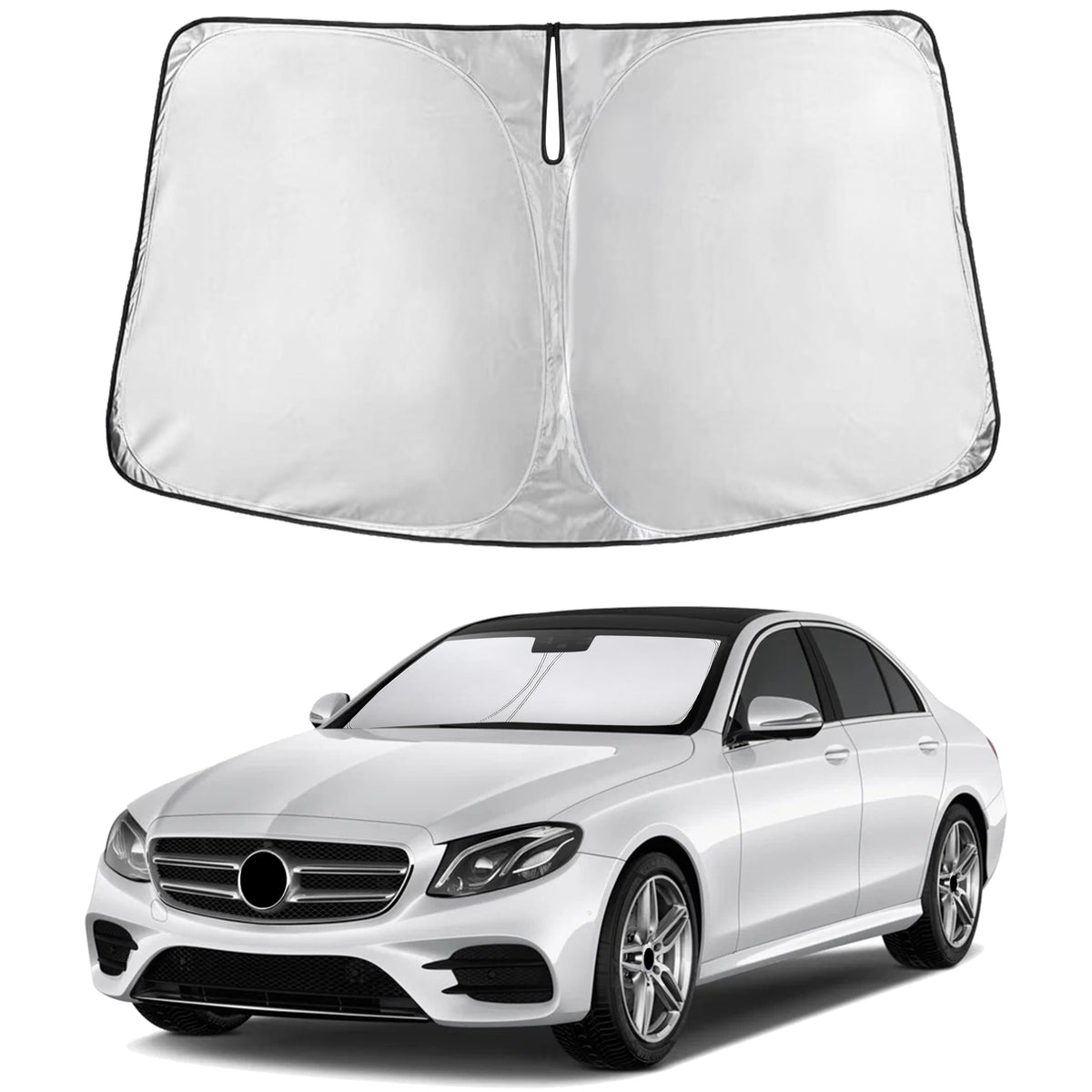 EcoNour windshield sunshade on Mercedes E-Class showing full windshield coverage and glare reduction