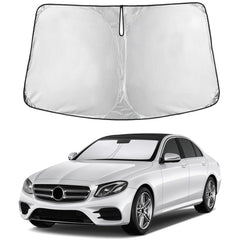 EcoNour windshield sunshade on Mercedes E-Class showing full windshield coverage and glare reduction