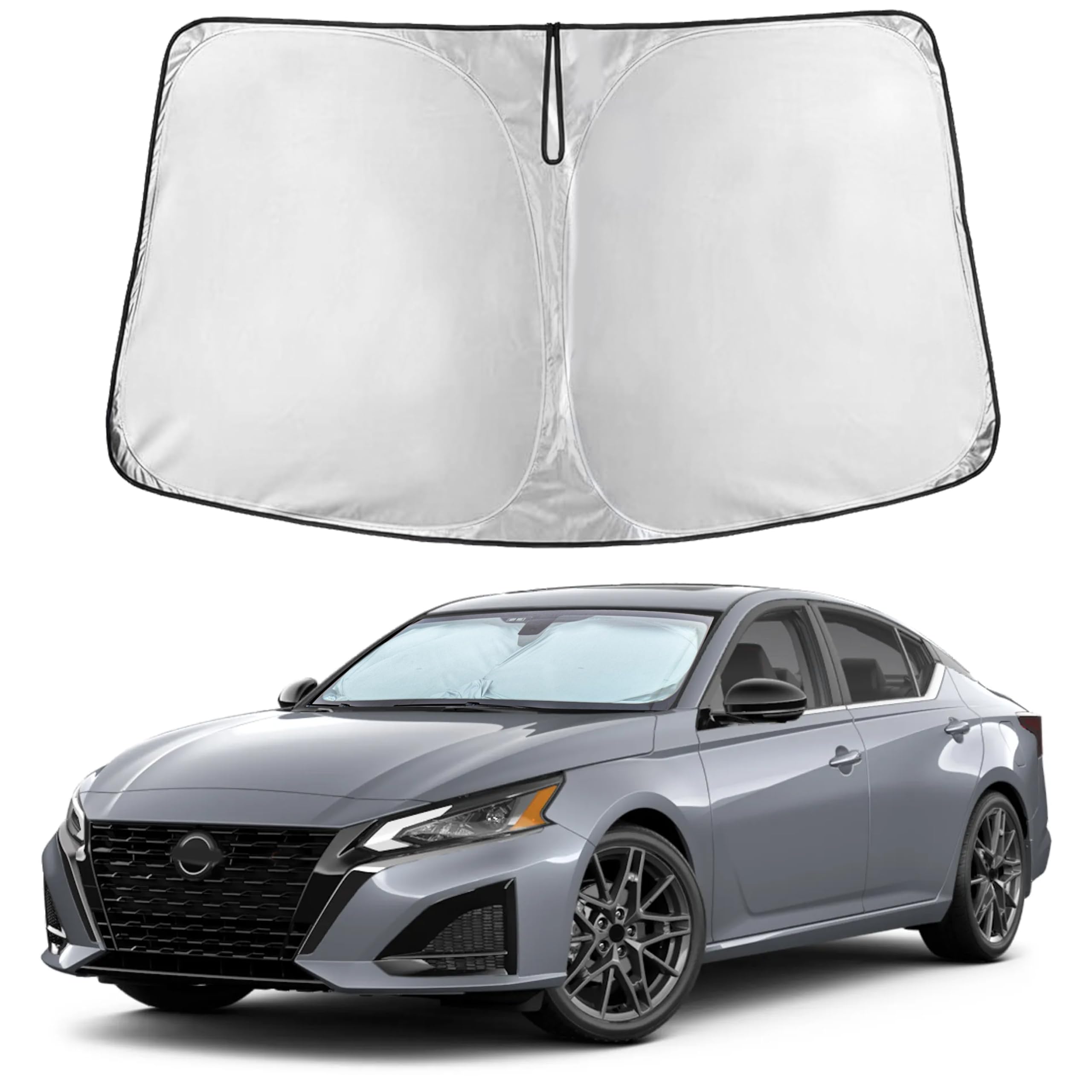 EcoNour windshield sunshade on Nissan Altima front view blocks heat and keeps the cabin cooler.