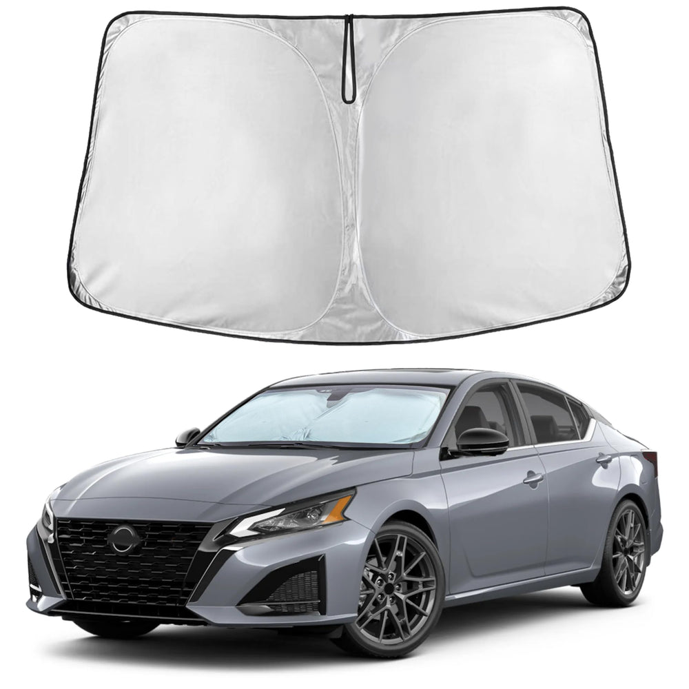 EcoNour windshield sunshade on Nissan Altima front view blocks heat and keeps the cabin cooler.