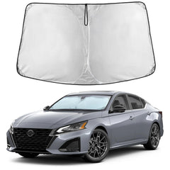 EcoNour windshield sunshade on Nissan Altima front view blocks heat and keeps the cabin cooler.