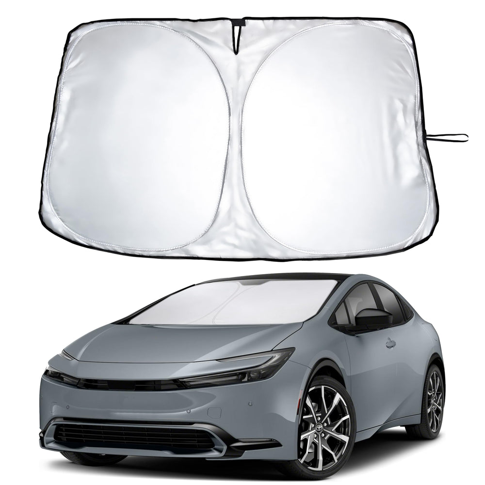 EcoNour windshield sunshade for Prius hatchback front view blocks heat and glare.