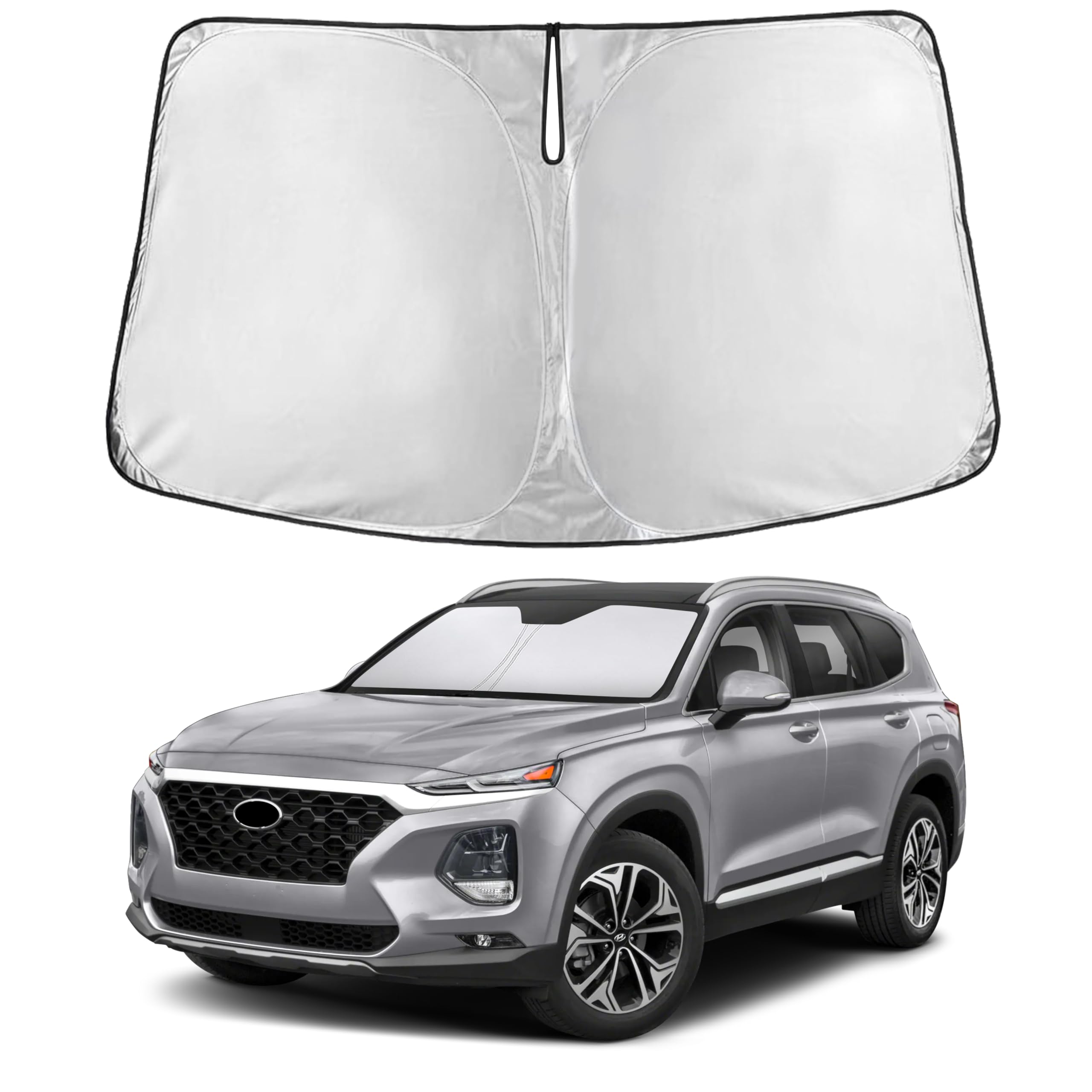 EcoNour windshield sunshade on Hyundai Santa Fe, full windshield coverage.
