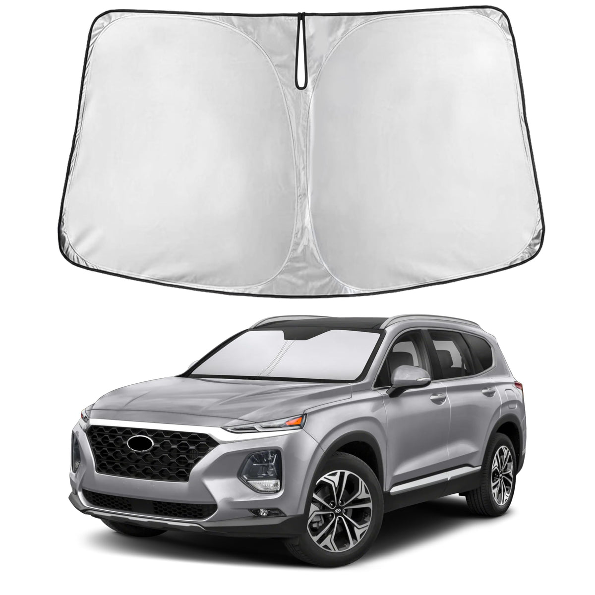 EcoNour windshield sunshade on Hyundai Santa Fe, full windshield coverage.