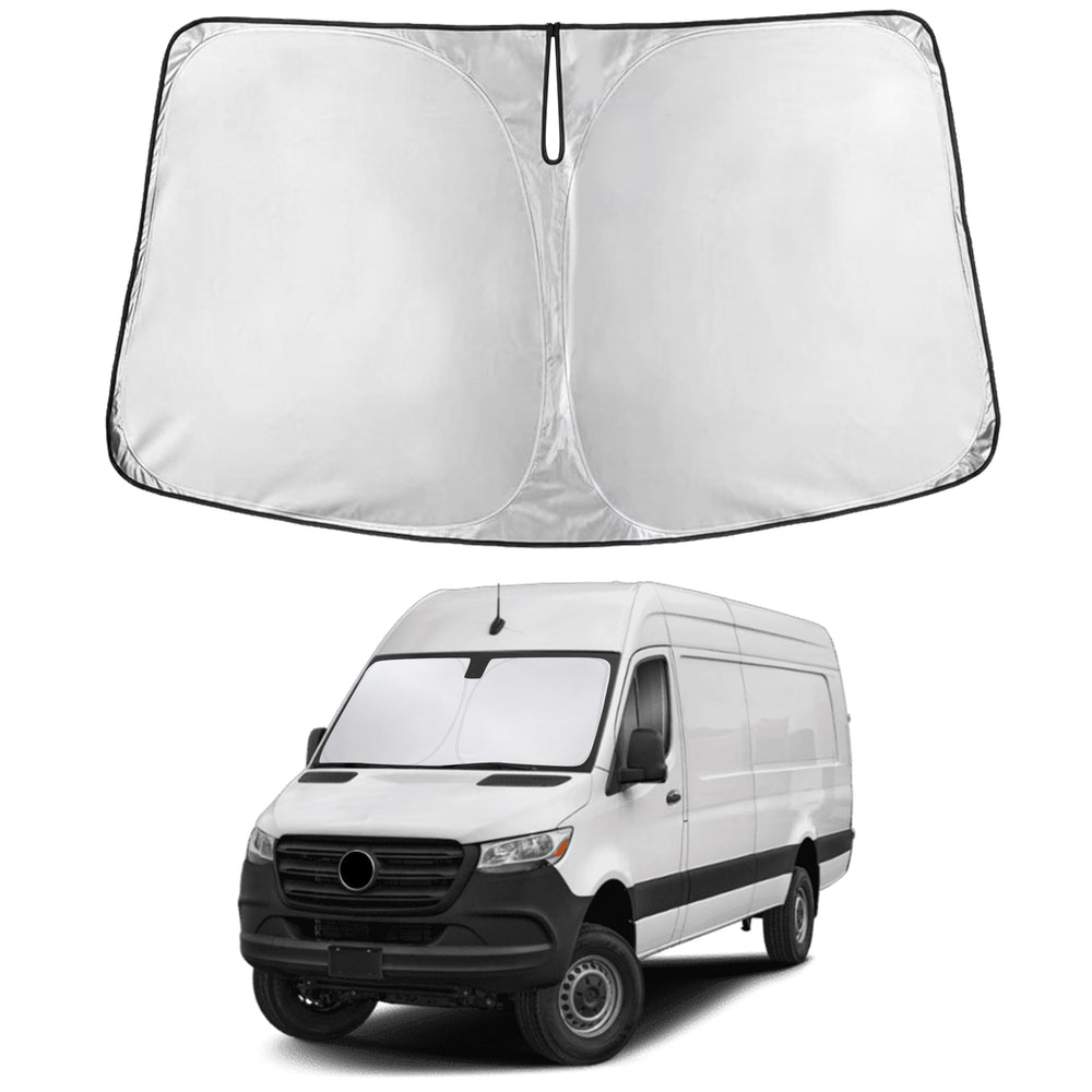 EcoNour windshield sunshade for Sprinter provides full front coverage to reduce glare.