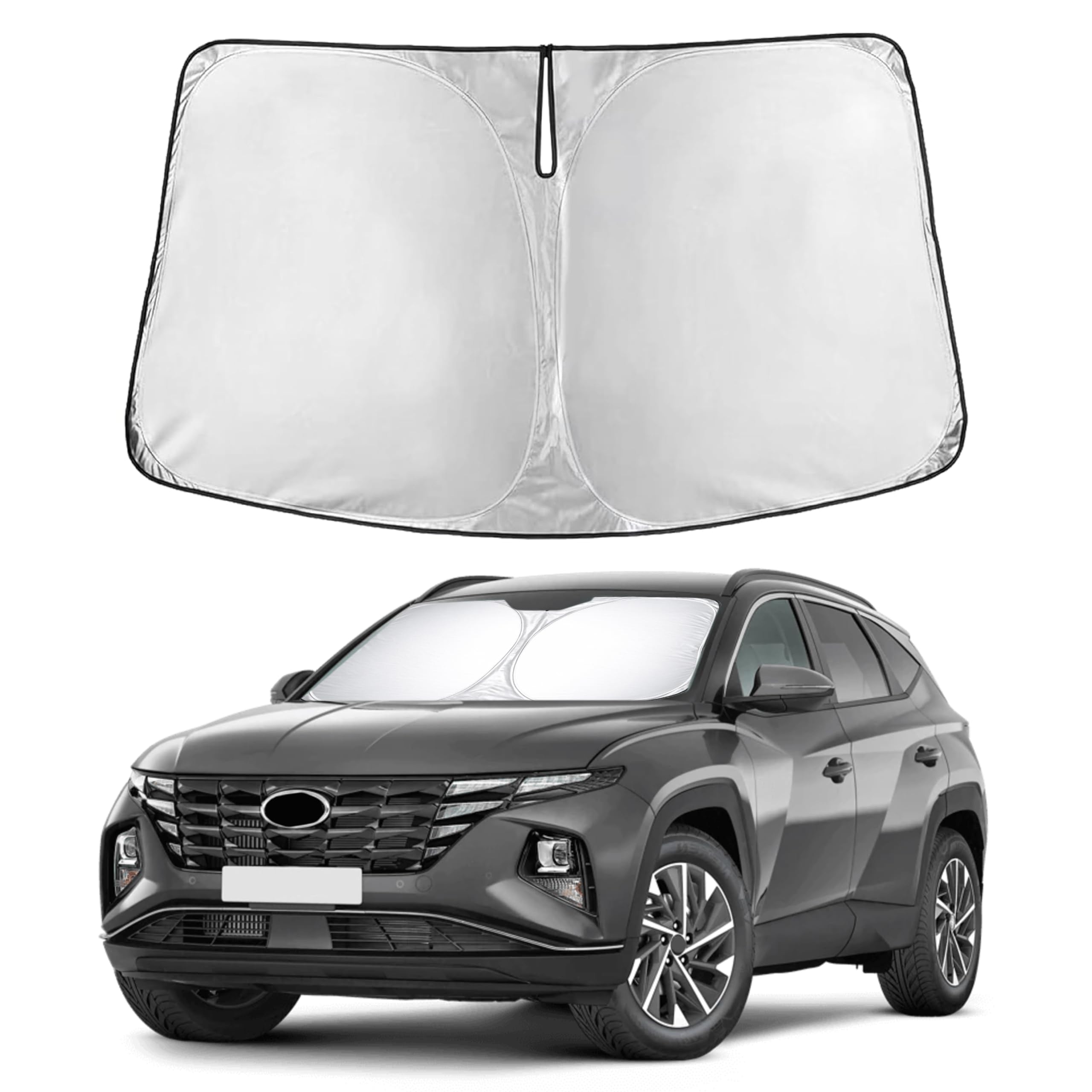 EcoNour windshield sunshade for Tucson 2022–2026, front view showing full coverage and glare reduction