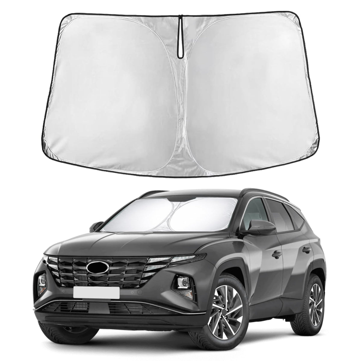 EcoNour windshield sunshade for Tucson 2022–2026, front view showing full coverage and glare reduction