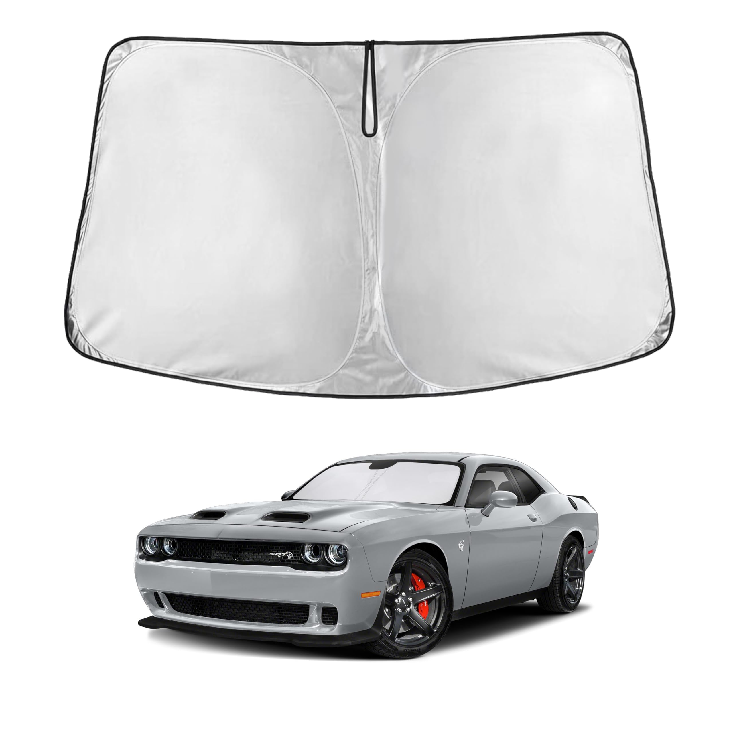 EcoNour windshield shade for Dodge Challenger front view blocks heat and UV rays.