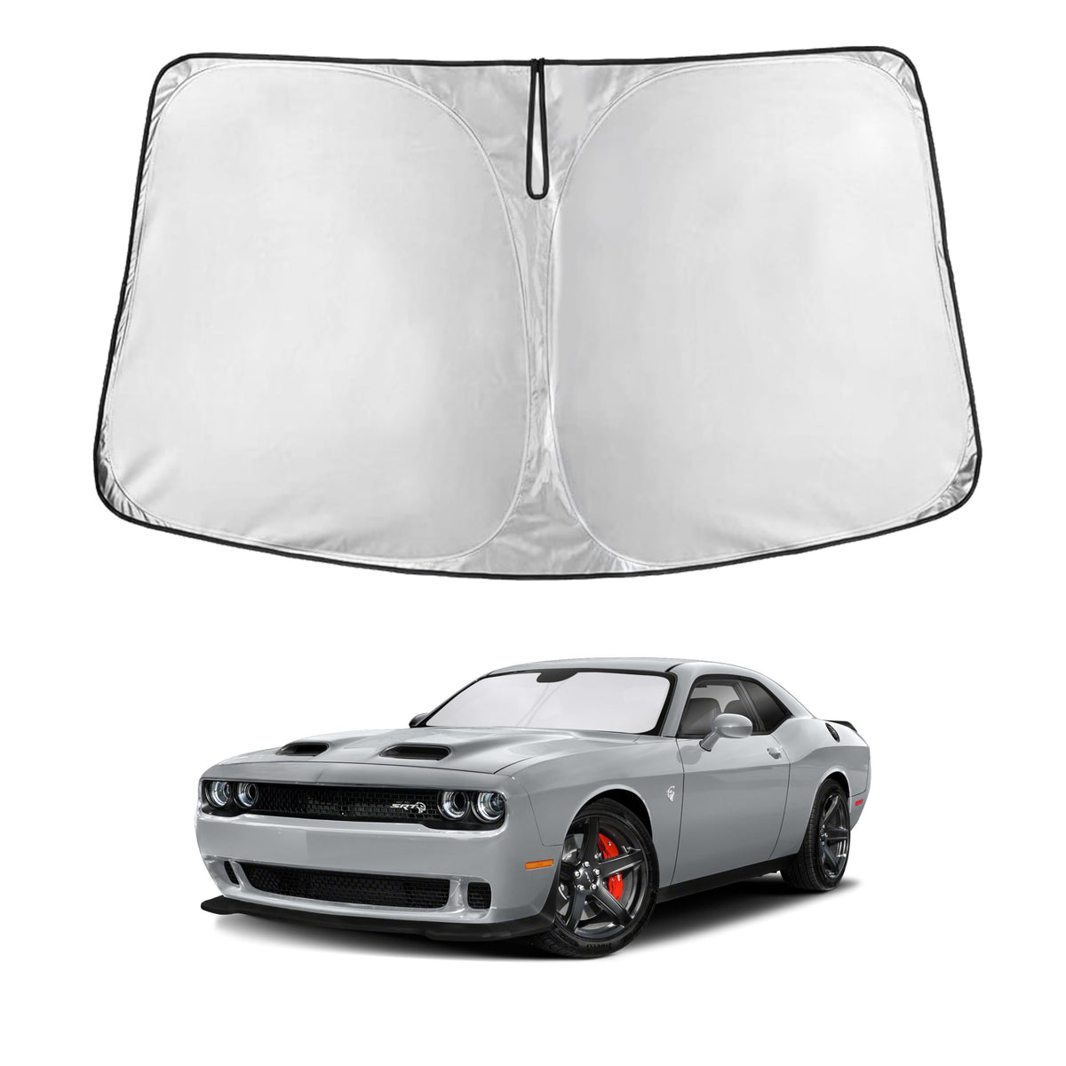 EcoNour windshield shade for Dodge Challenger front view blocks heat and UV rays.