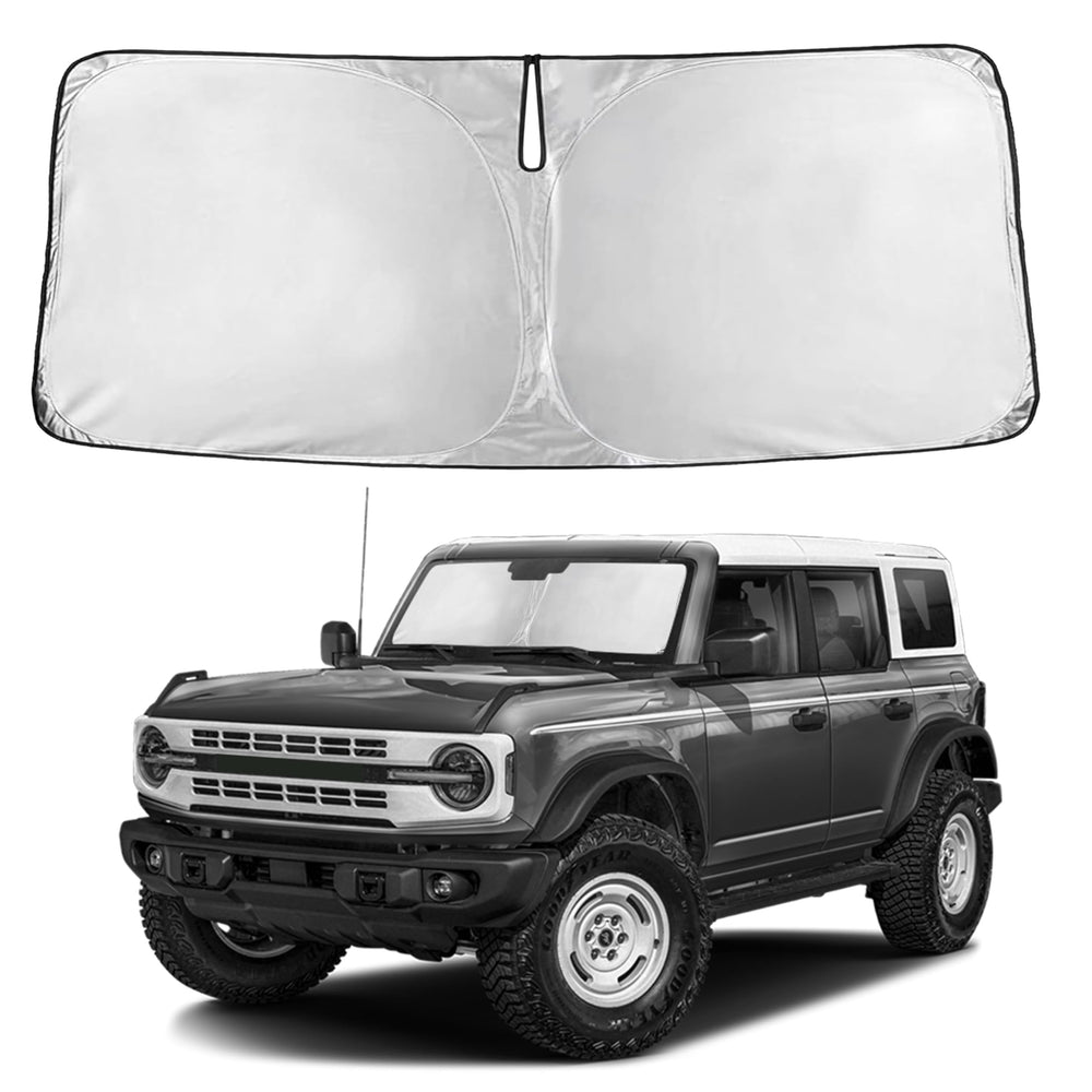 EcoNour windshield sunshade for Bronco provides full windshield coverage and glare reduction.