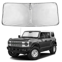 EcoNour windshield sunshade for Bronco provides full windshield coverage and glare reduction.