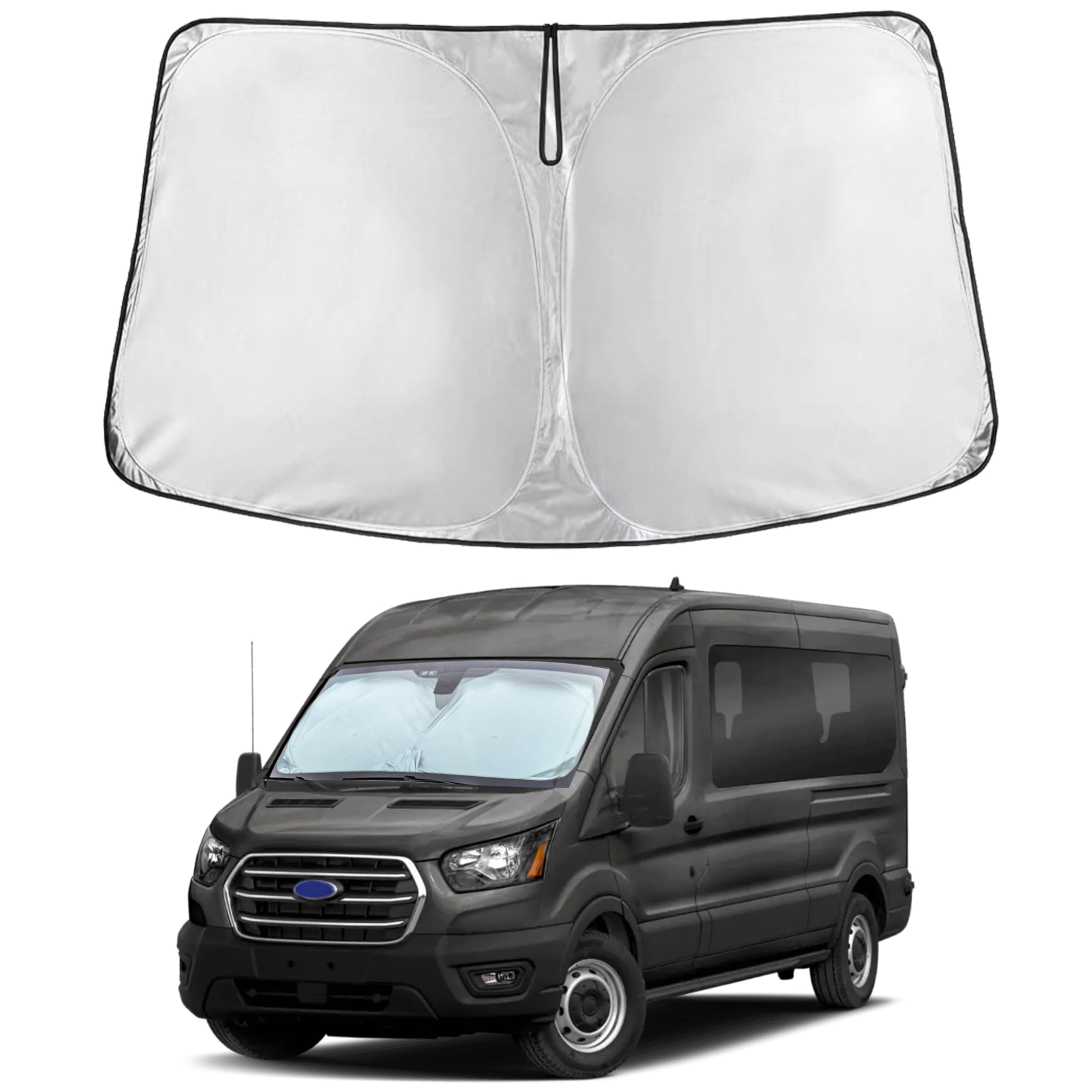 EcoNour windshield sunshade on Ford Transit, front view, full windshield coverage.