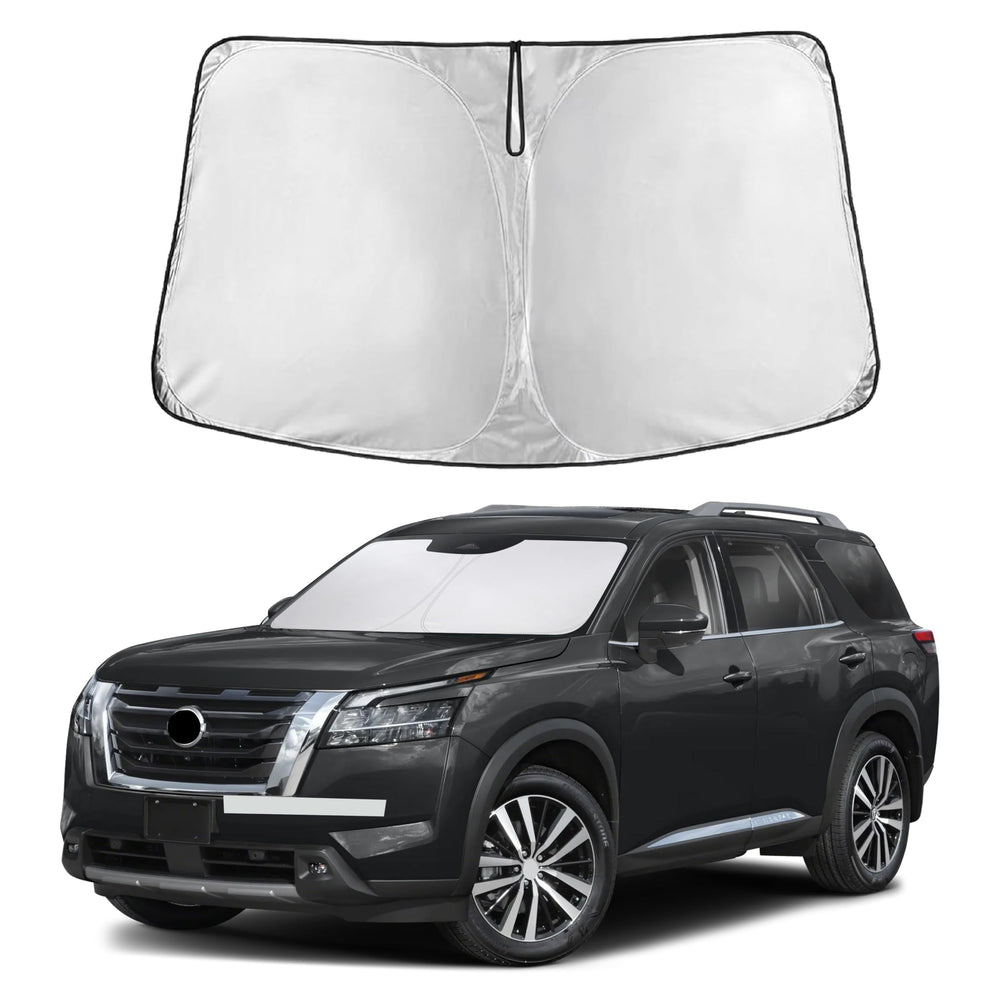 EcoNour windshield sunshade front view on Nissan Pathfinder improving visibility and UV protection
