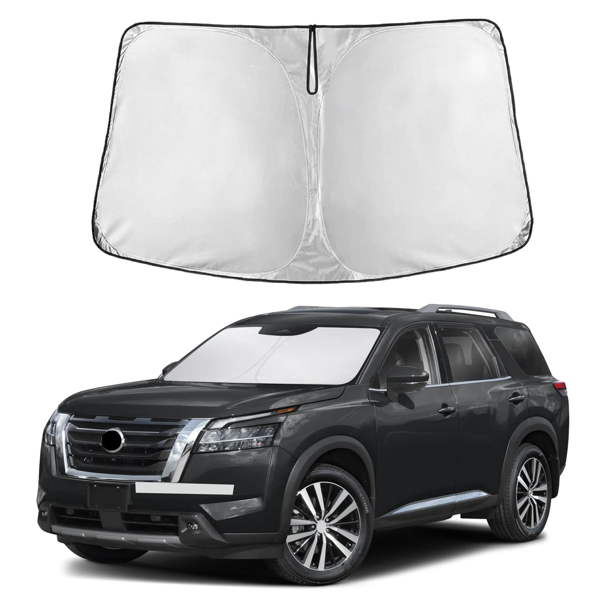 EcoNour windshield sunshade front view on Nissan Pathfinder improving visibility and UV protection