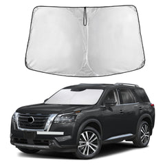 EcoNour windshield sunshade front view on Nissan Pathfinder improving visibility and UV protection