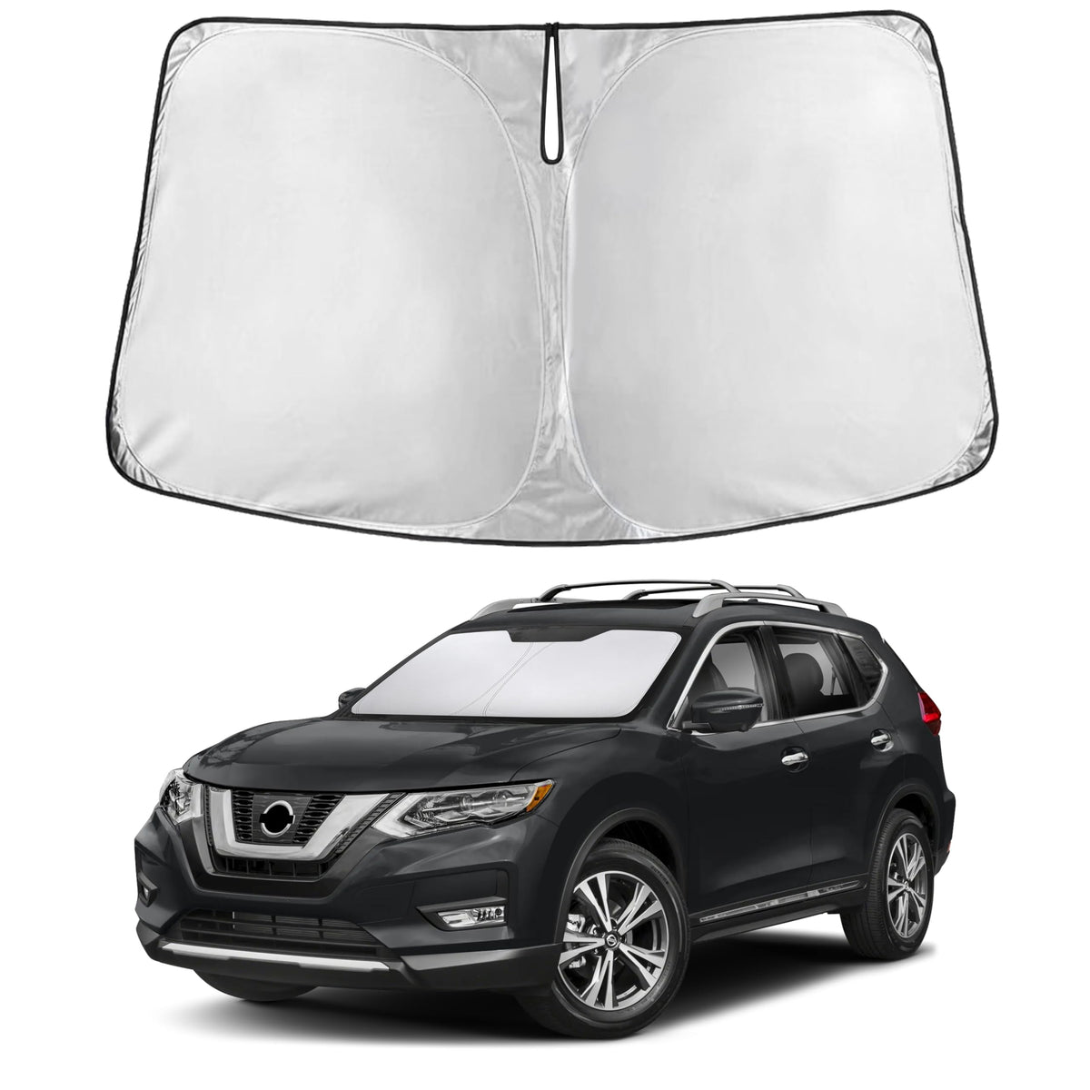 EcoNour windshield sunshade on Nissan Rogue provides full-coverage front window protection.