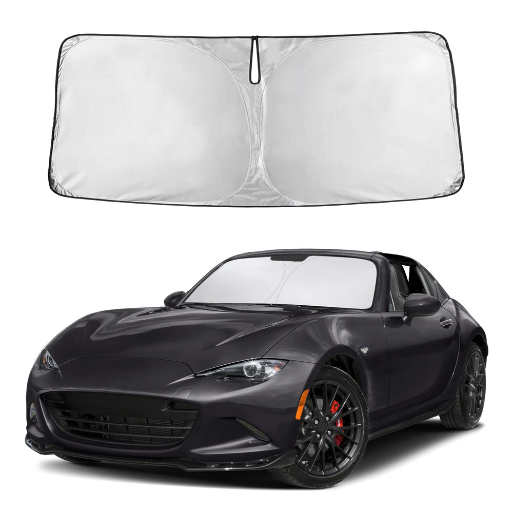 EcoNour windshield sunshade for MX5 Miata front view blocks glare and heat.