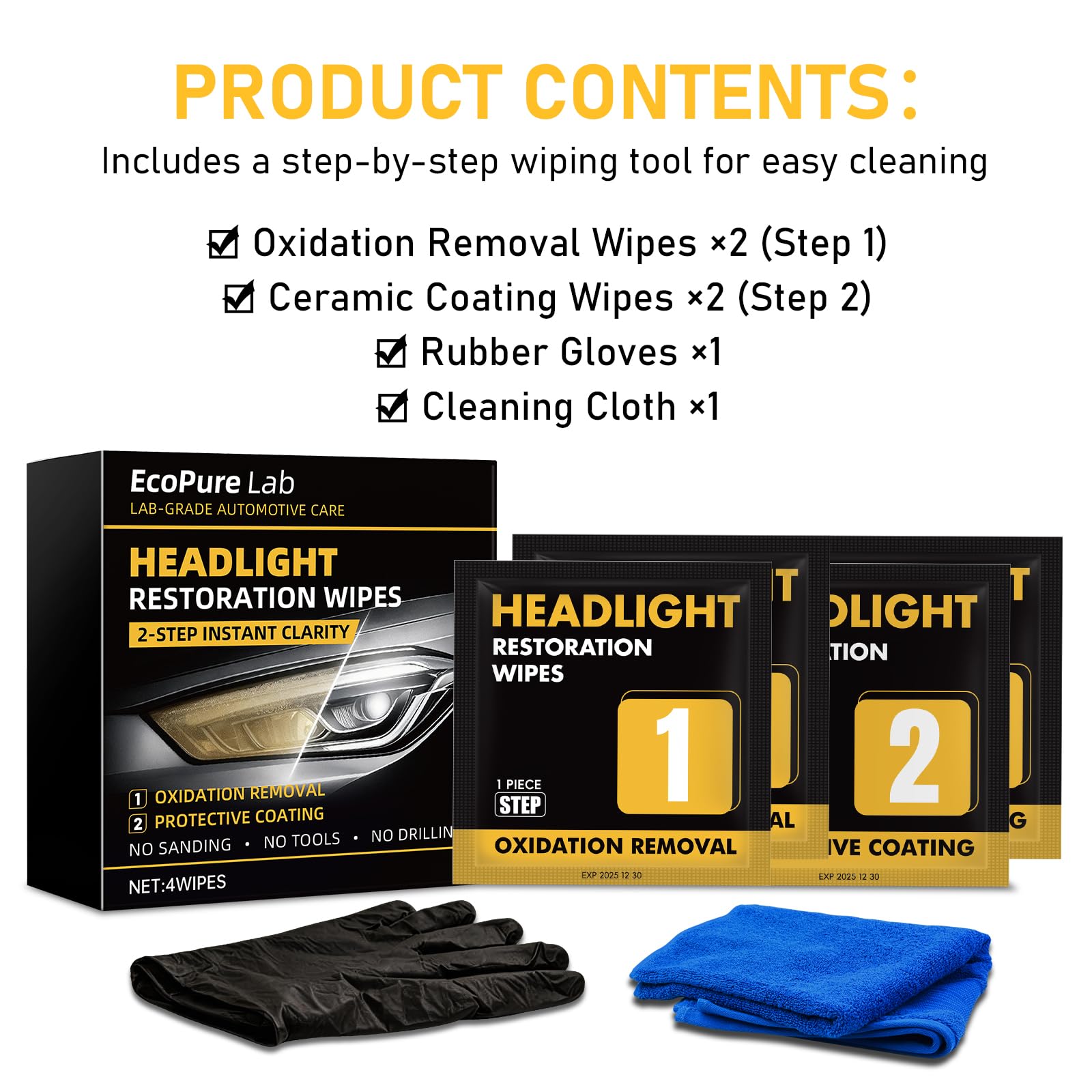 EcoPure Lab headlight wipes kit includes gloves for safe, mess-free use.