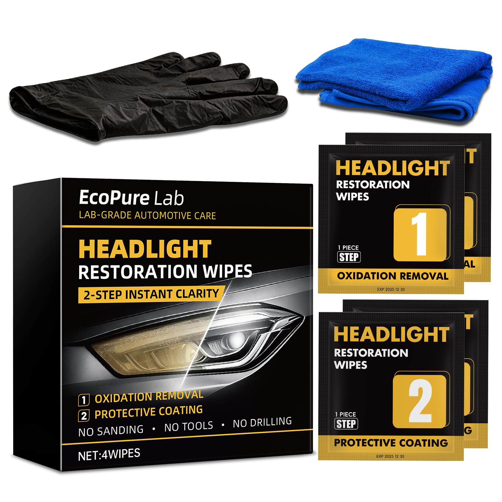 EcoPure Lab headlight wipes perform oxidation removal to reduce haze on polycarbonate lenses.