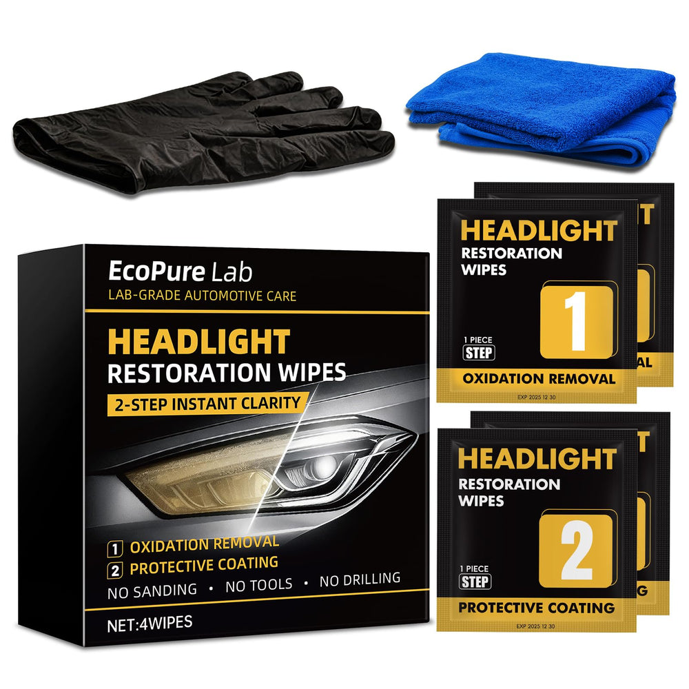 EcoPure Lab headlight wipes perform oxidation removal to reduce haze on polycarbonate lenses.