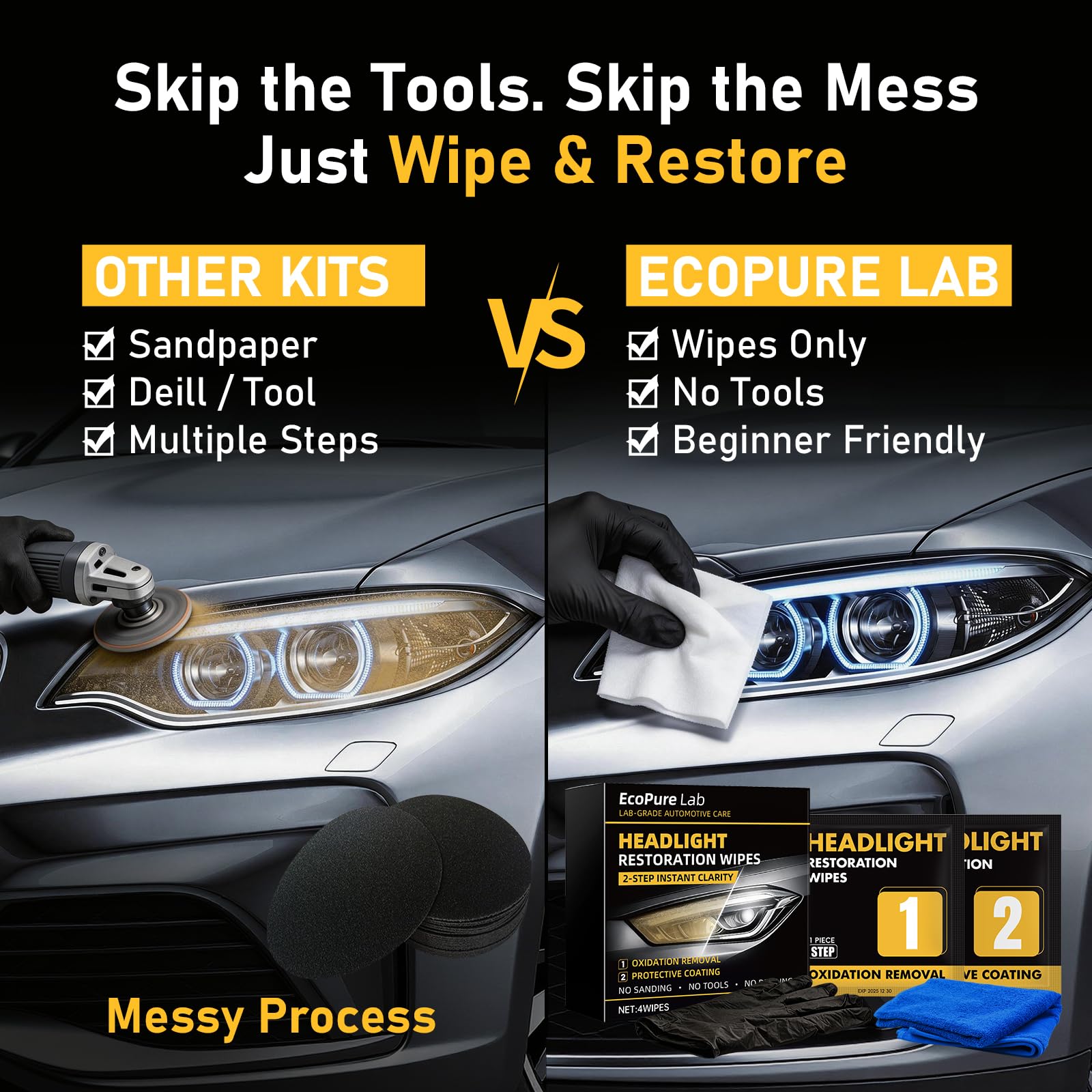 EcoPure Lab headlight wipes bond to polycarbonate lenses for durable, even coverage.