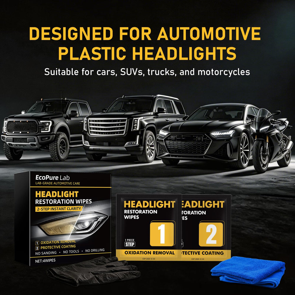 EcoPure Lab headlight wipes help reveal clearer headlights after restoration.