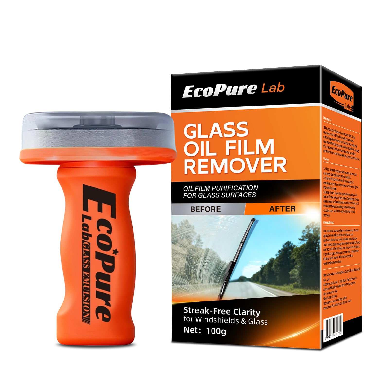 EcoPure Lab Road grime remover on windshield tackles exhaust residue and insect marks.