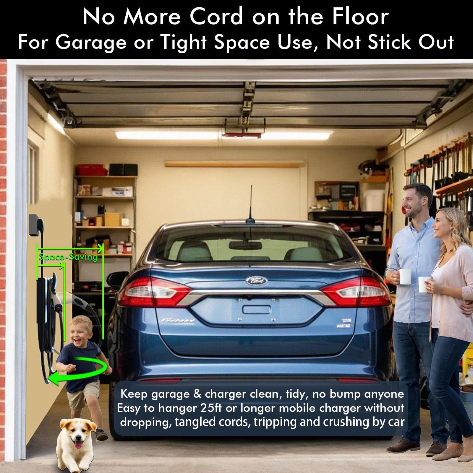 Ecotome EV charger cable storage demonstrates tidy 25ft cord organization for easy access.