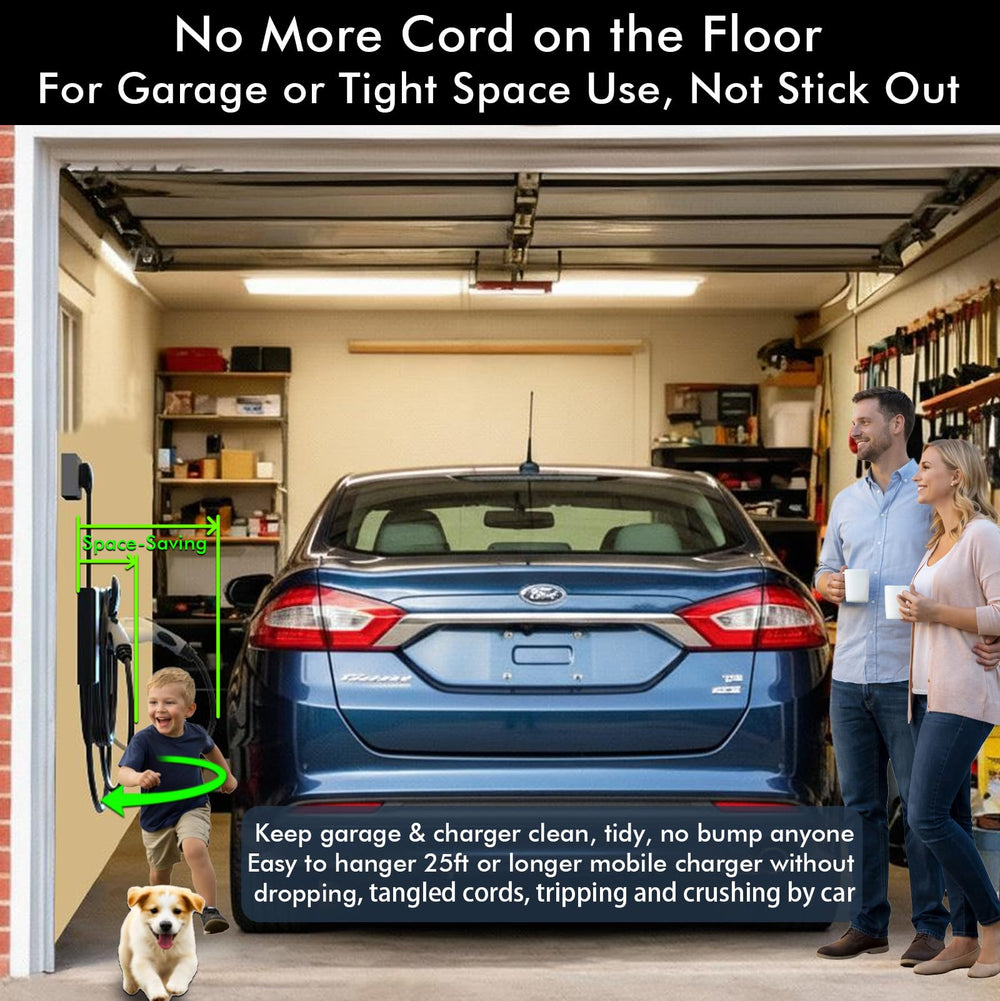 Ecotome EV charger cable storage demonstrates tidy 25ft cord organization for easy access.