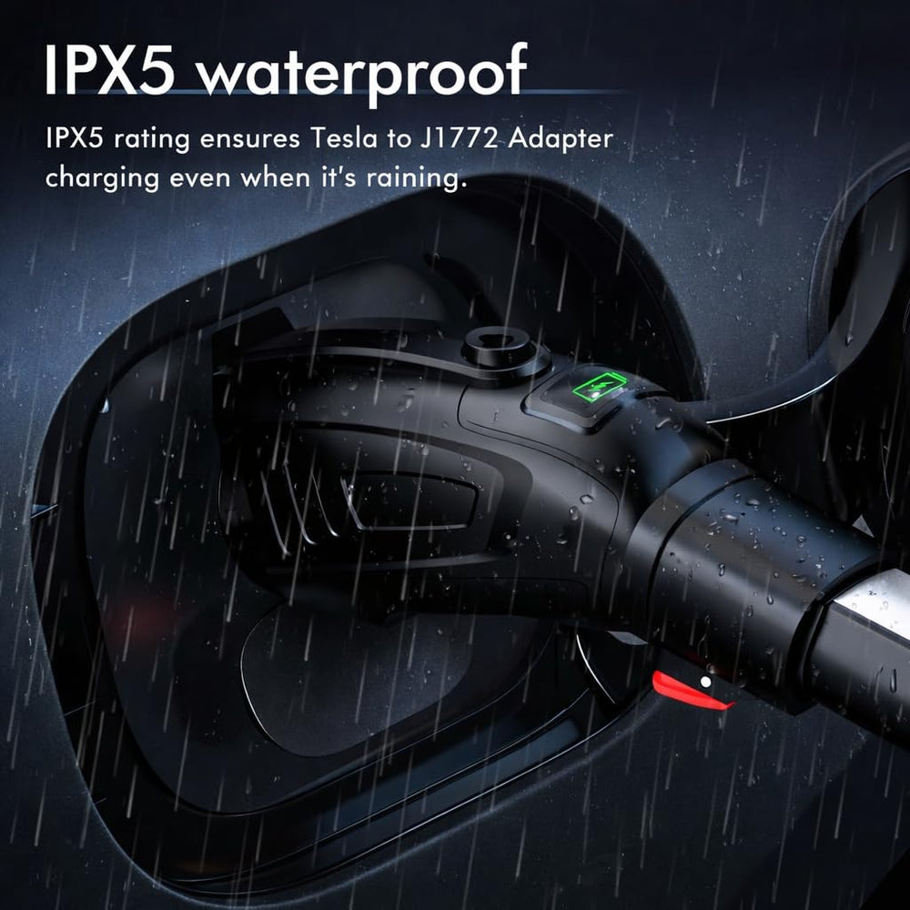 Ecotome Tesla to J1772 adapter supports 60A 250V charging capability.