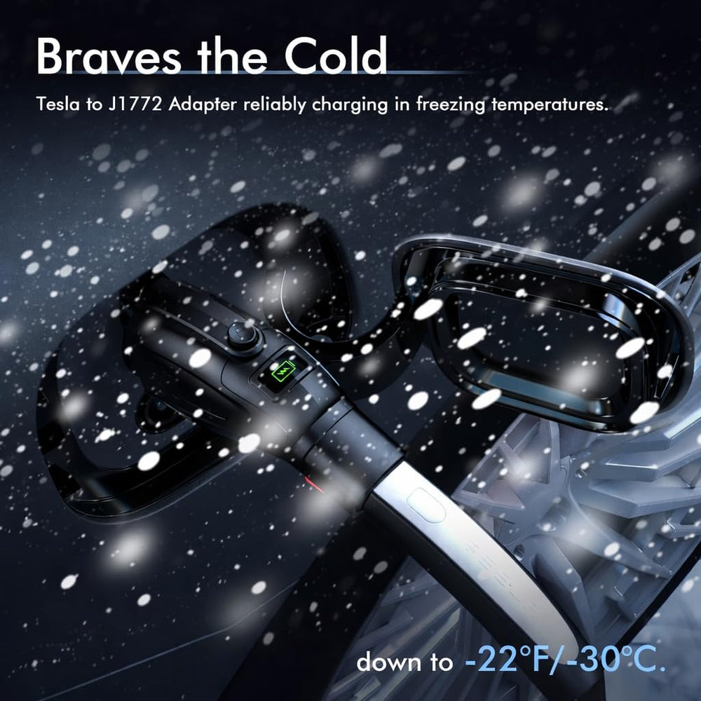 Ecotome Tesla to J1772 adapter durable materials withstand temperature extremes.