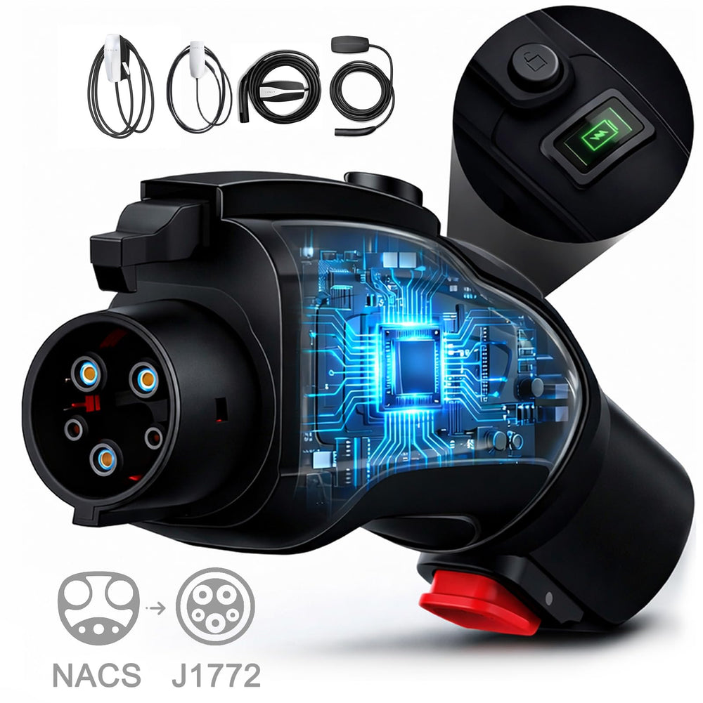 Ecotome Tesla to J1772 adapter packaging includes everything you need.