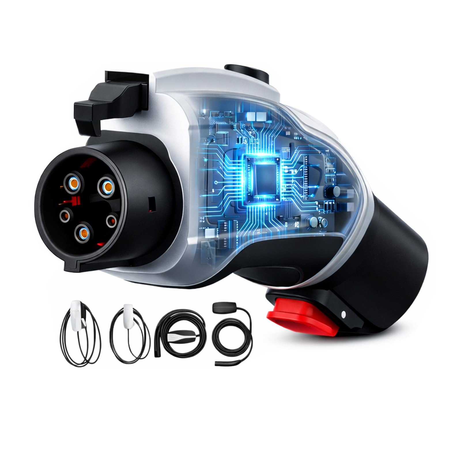 Ecotome Tesla-to-J1772 adapter front view highlighting compact portability.