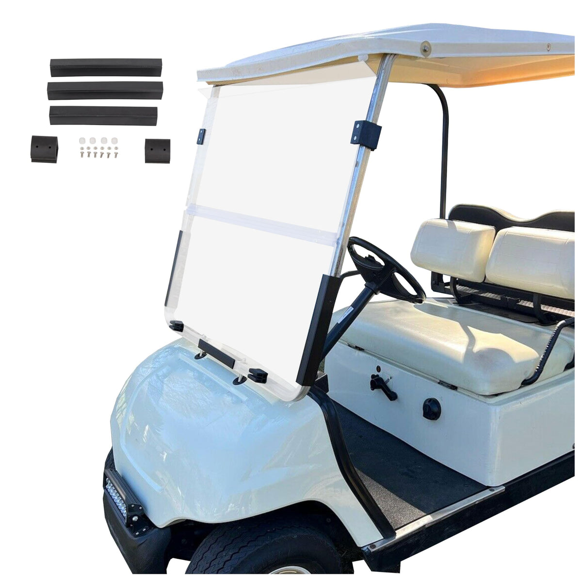 ECOTRIC fold-down clear windshield on Yamaha G14 for weather-ready rides.