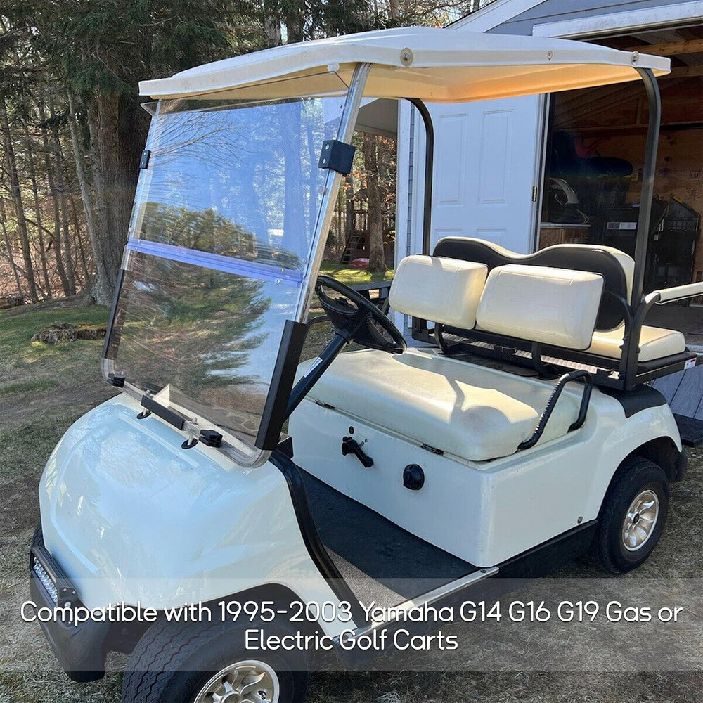 ECOTRIC clear acrylic windshield delivering crisp visibility on Yamaha carts.