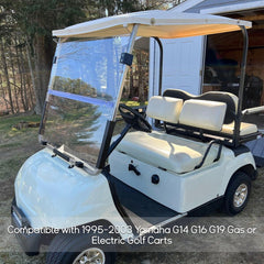 ECOTRIC clear acrylic windshield delivering crisp visibility on Yamaha carts.