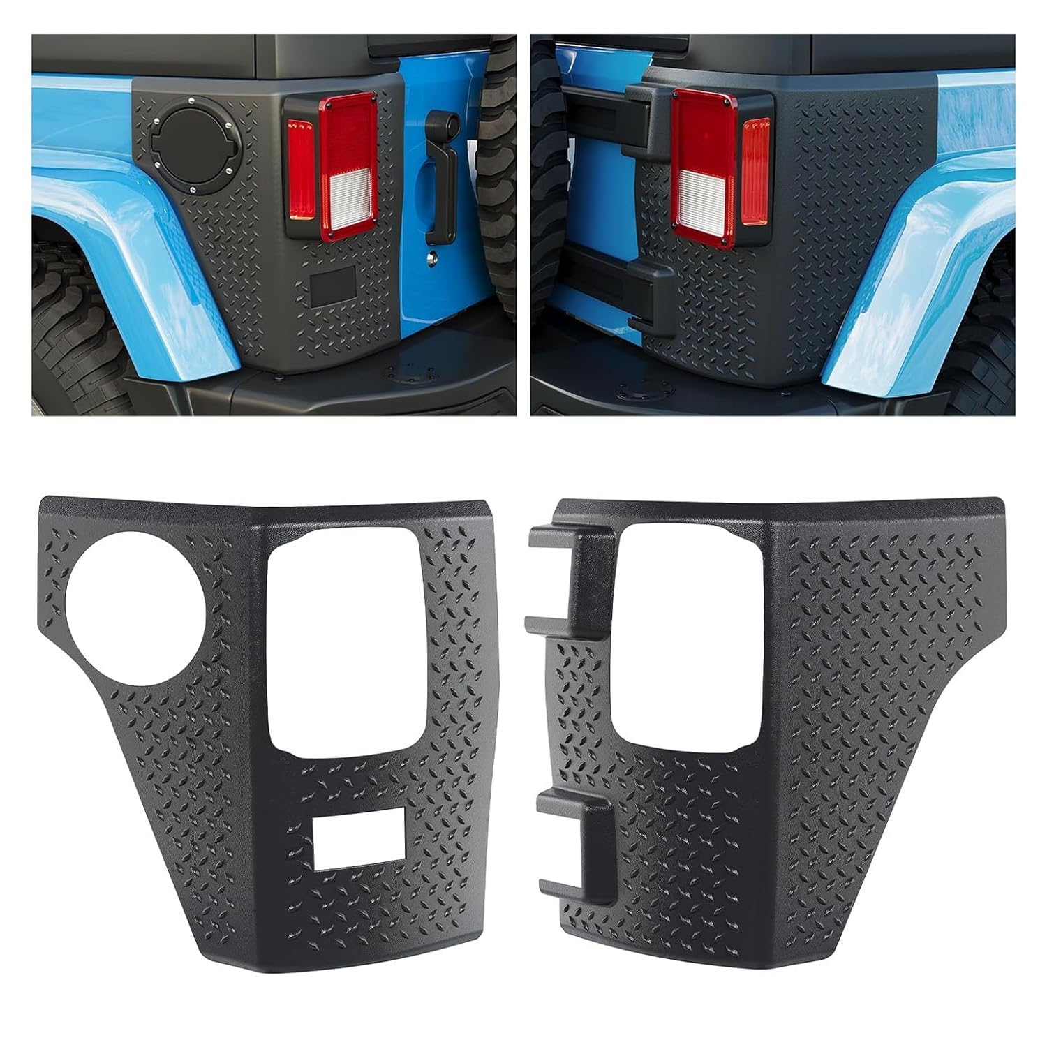 ECOTRIC rear corner guards with diamond texture protect Jeep Wrangler from mud and rocks