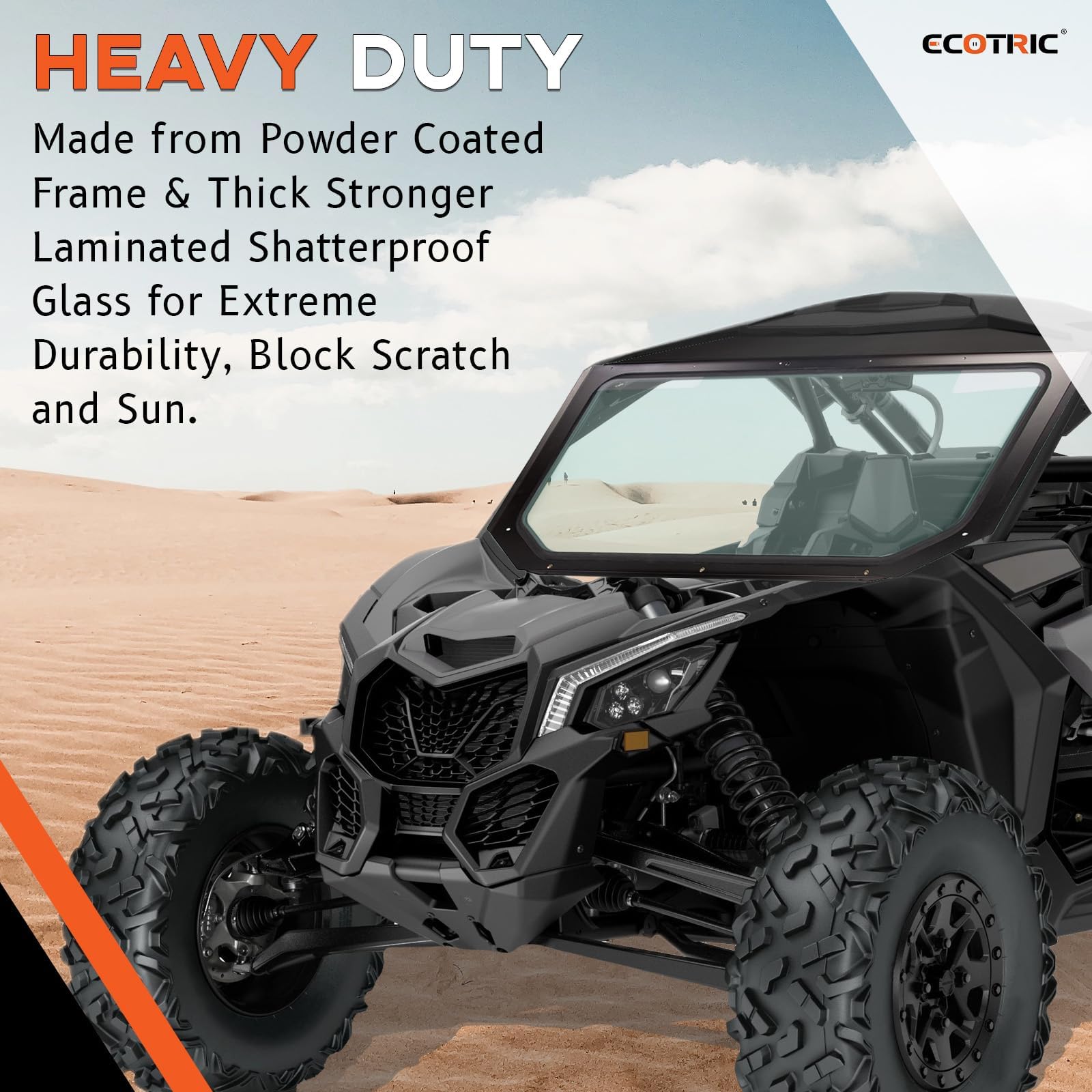 Sturdy steel frame supports the windshield for durable, off-road protection