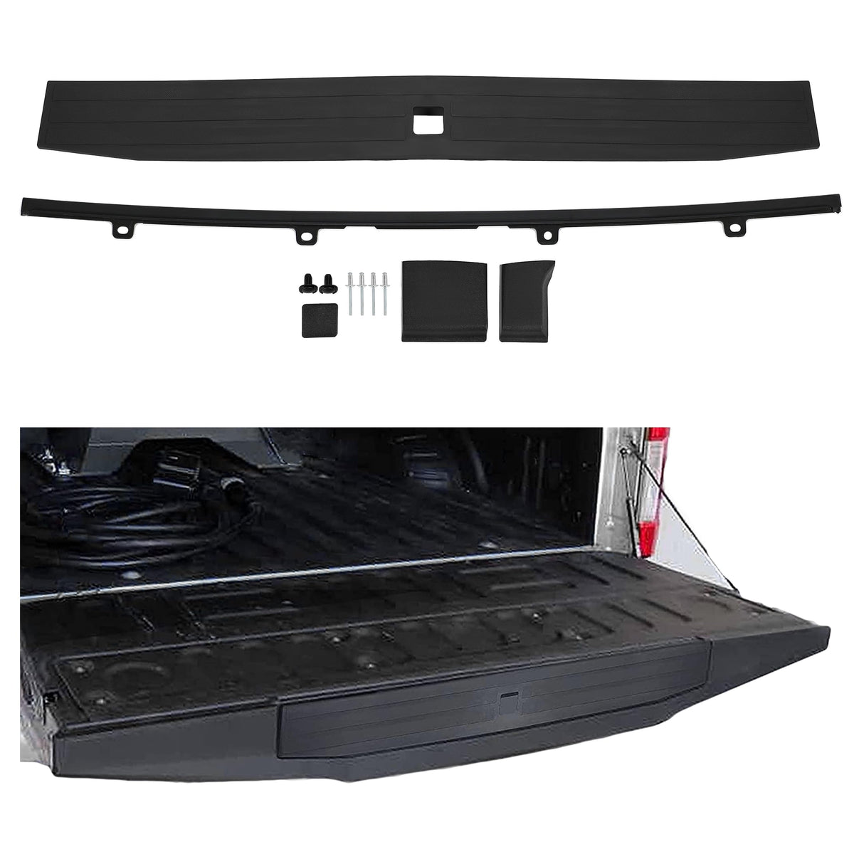ECOTRIC tailgate molding cap rear center black enhances truck styling while protecting the tailgate edge.