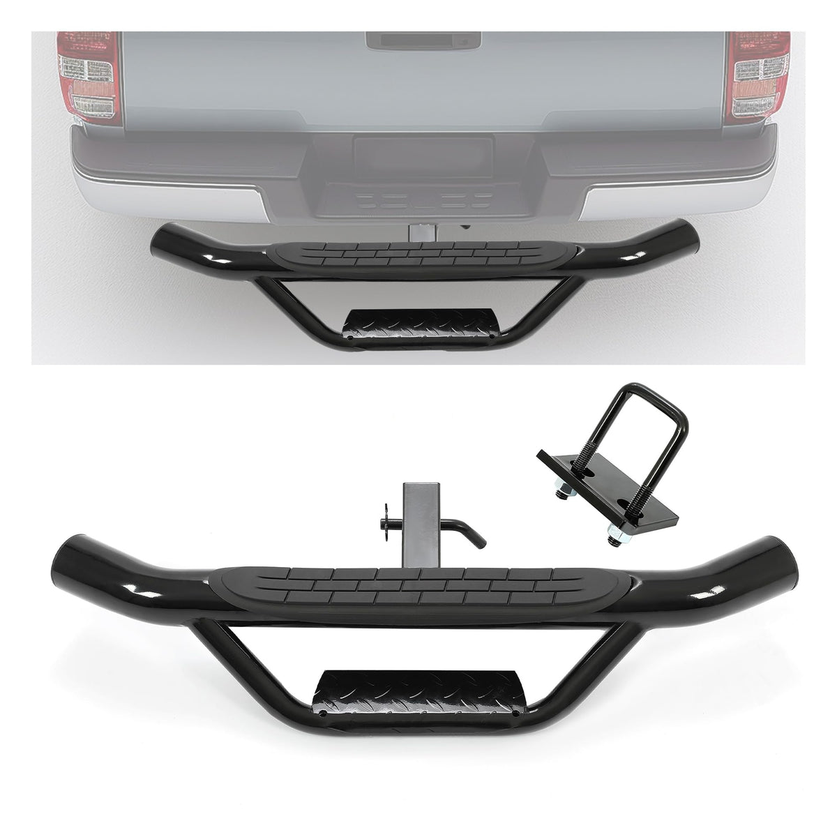 ECOTRIC universal bumper hitch step on a 2-inch receiver for easy truck bed access.