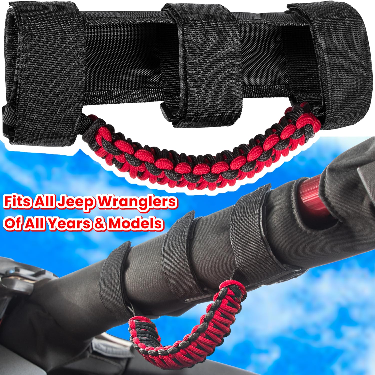550 paracord grip in red provides durable, comfortable handholds on rough roads.