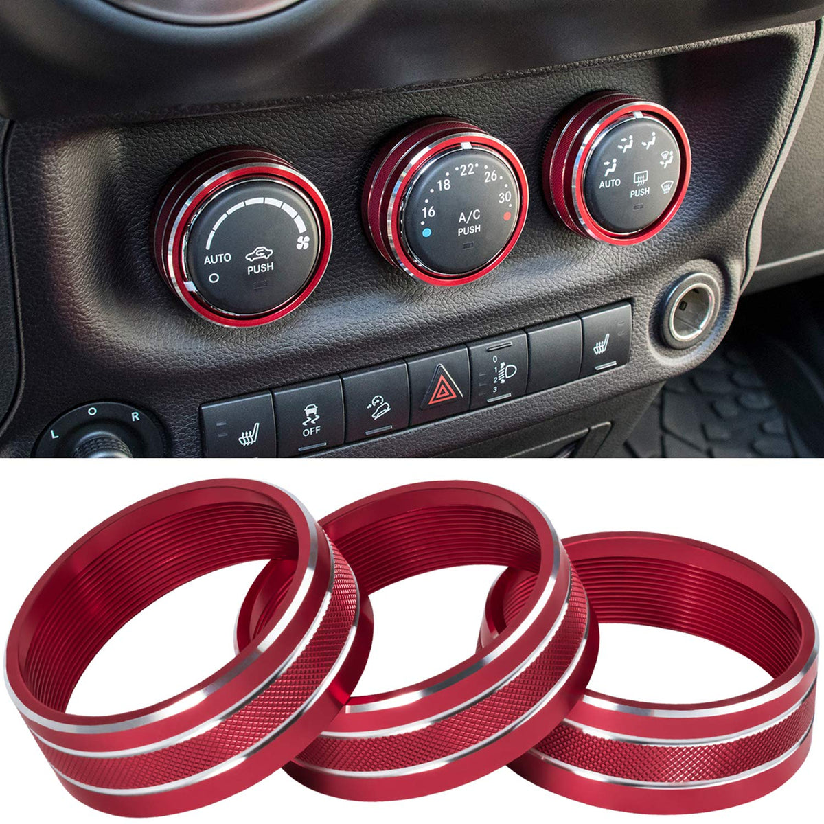 E-cowlboy audio button cover for Jeep Wrangler JK/JKU in red adds refined interior style.