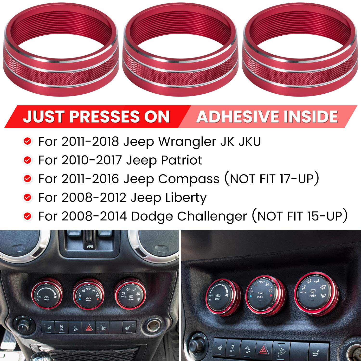 E-cowlboy red Dodge Challenger button trim enhances grip and protection.