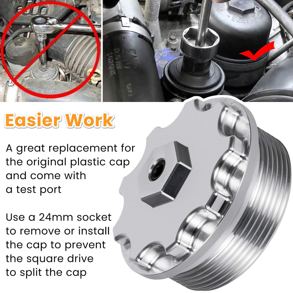 Cap removal shown with a 24mm socket for secure installation.