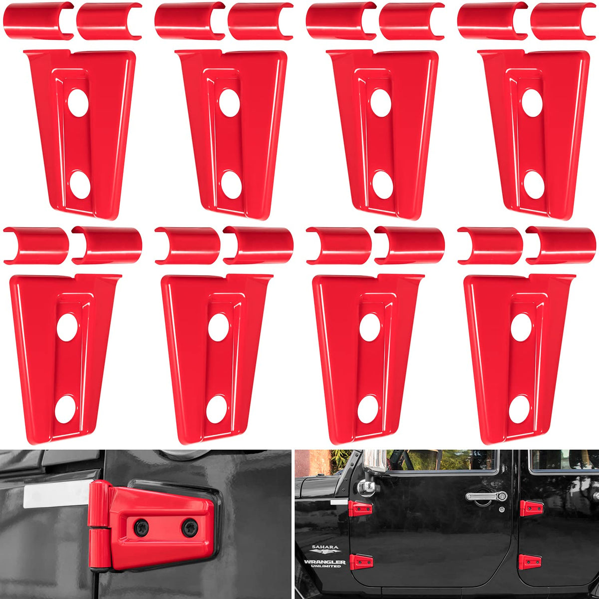 E-cowlboy door hinge cover in red, front view adds sleek style and rust protection.