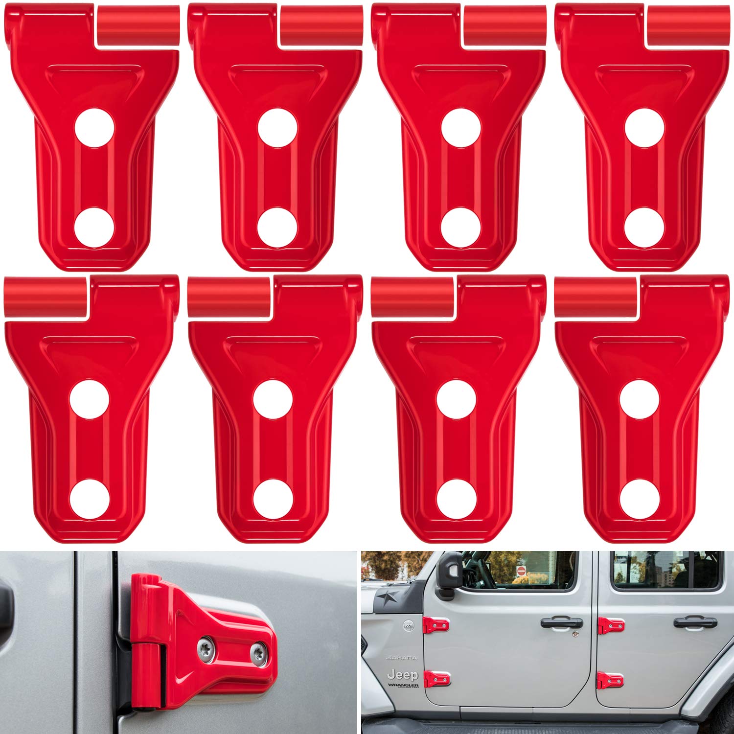 E-cowlboy red door hinge cover for Jeep Wrangler JL 2-door enhances style and scratch protection.